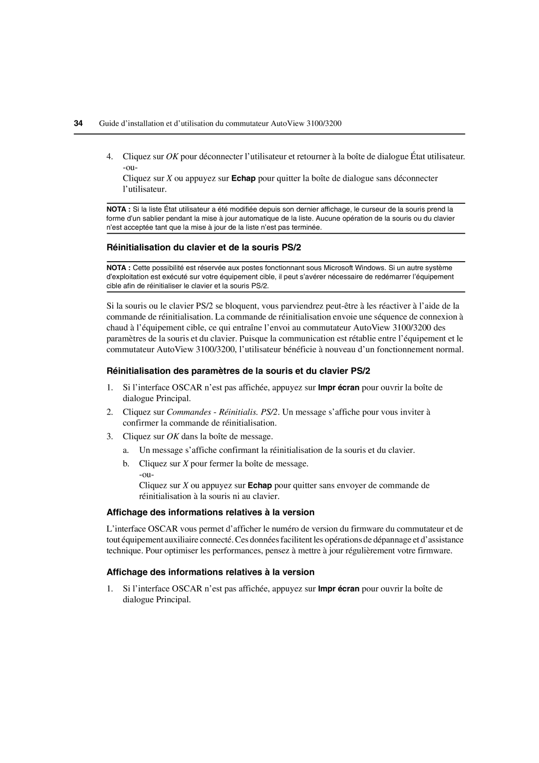 Avocent 3100/3200 Réinitialisation du clavier et de la souris PS/2, Affichage des informations relatives à la version 