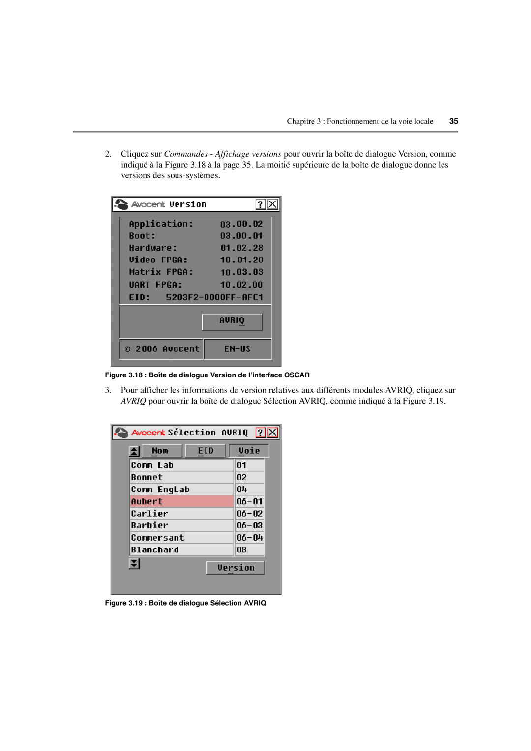 Avocent 3100/3200 manual 18 Boîte de dialogue Version de l’interface Oscar 