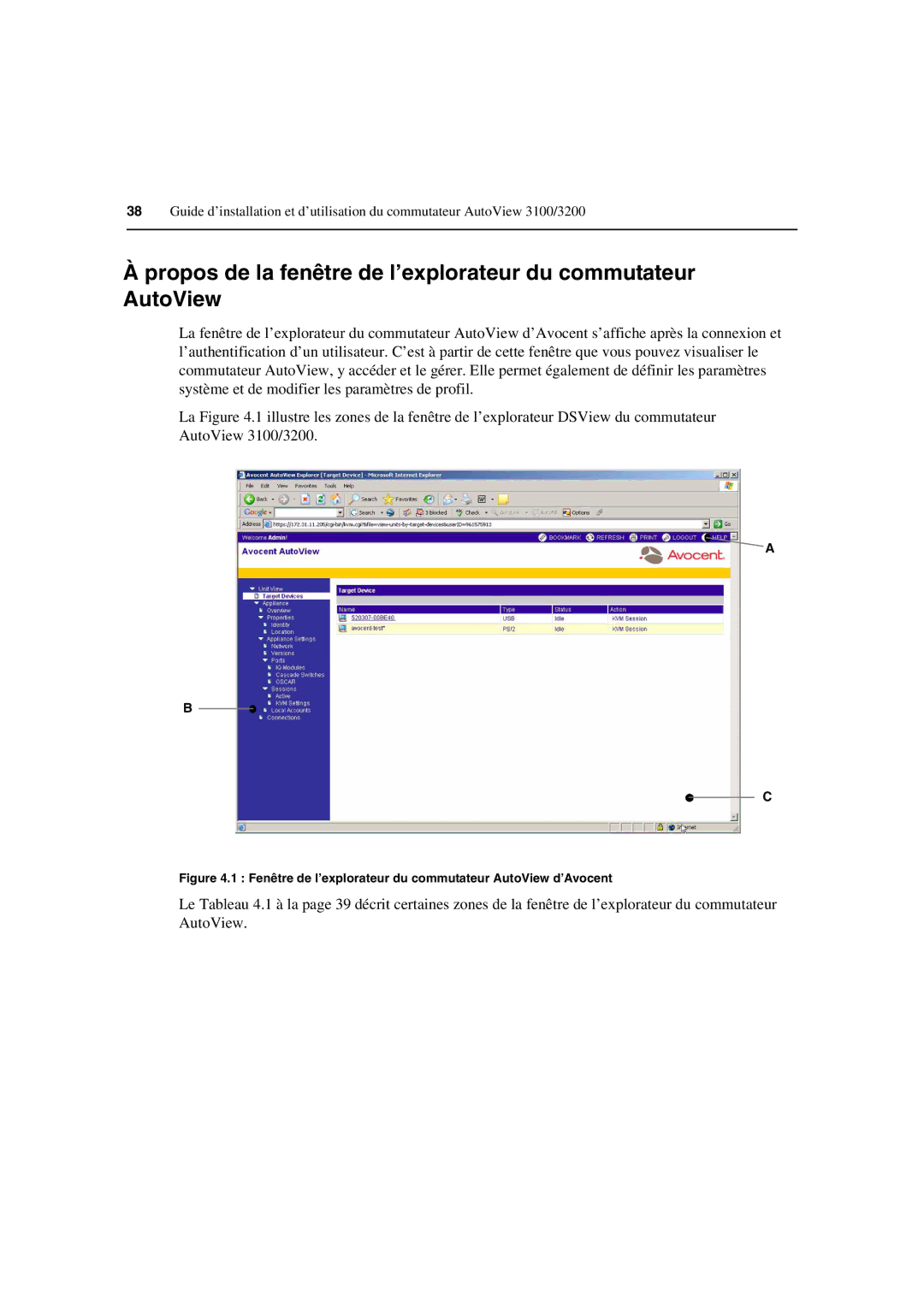 Avocent 3100/3200 manual Fenêtre de l’explorateur du commutateur AutoView d’Avocent 