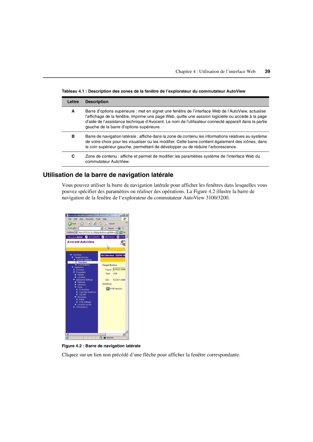 Avocent 3100/3200 manual Utilisation de la barre de navigation latérale, Chapitre 4 Utilisation de l’interface Web 