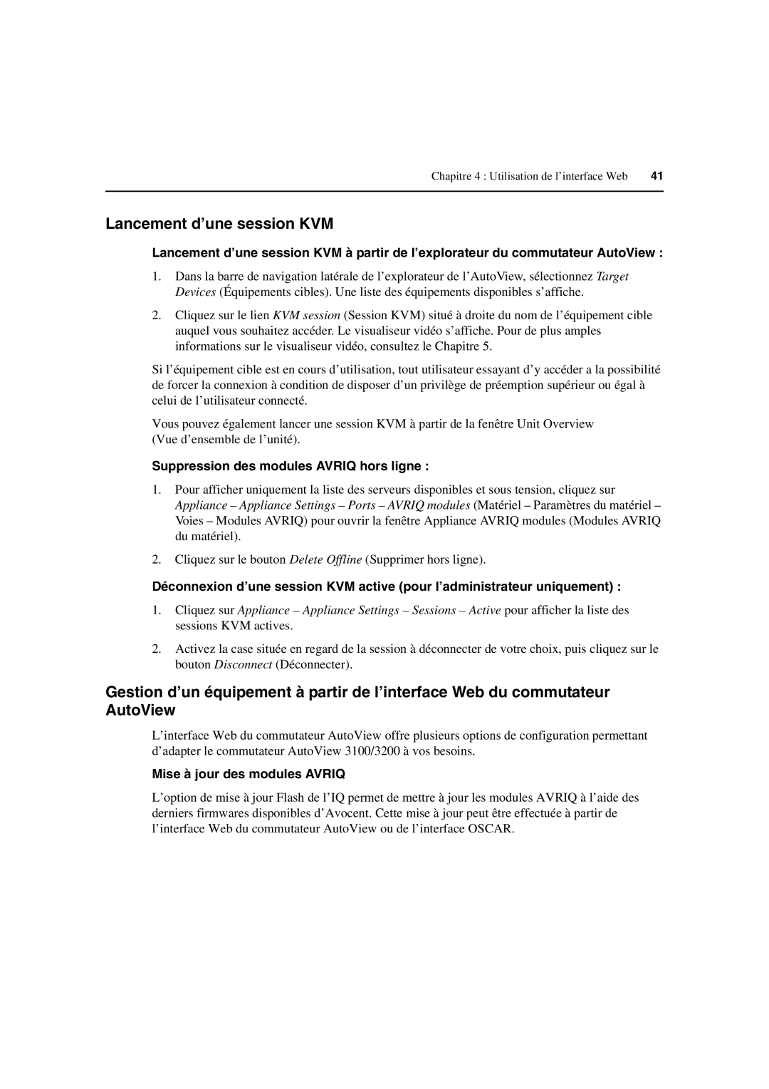 Avocent 3100/3200 Lancement d’une session KVM, Suppression des modules Avriq hors ligne, Mise à jour des modules Avriq 