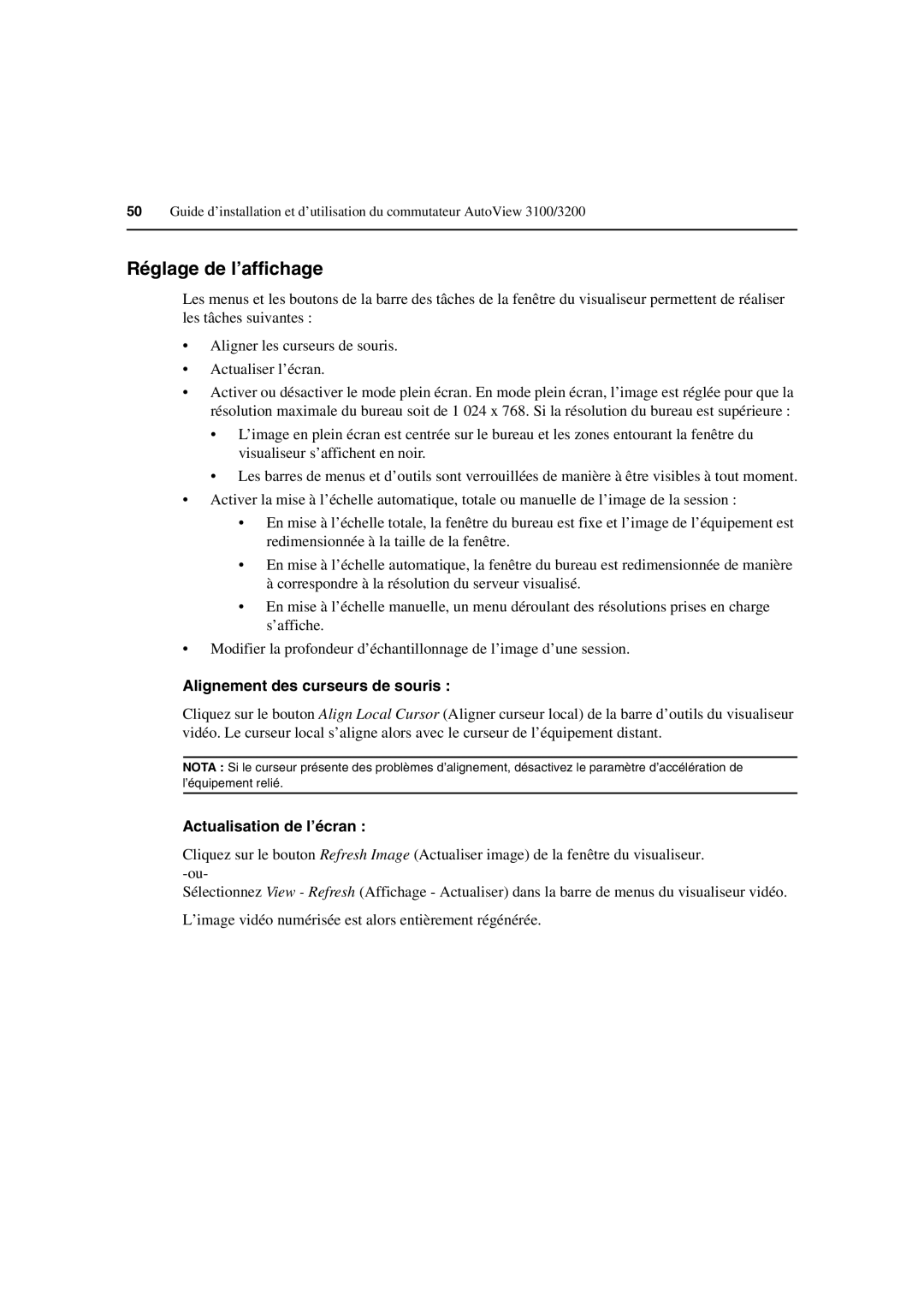 Avocent 3100/3200 manual Réglage de l’affichage, Alignement des curseurs de souris, Actualisation de l’écran 