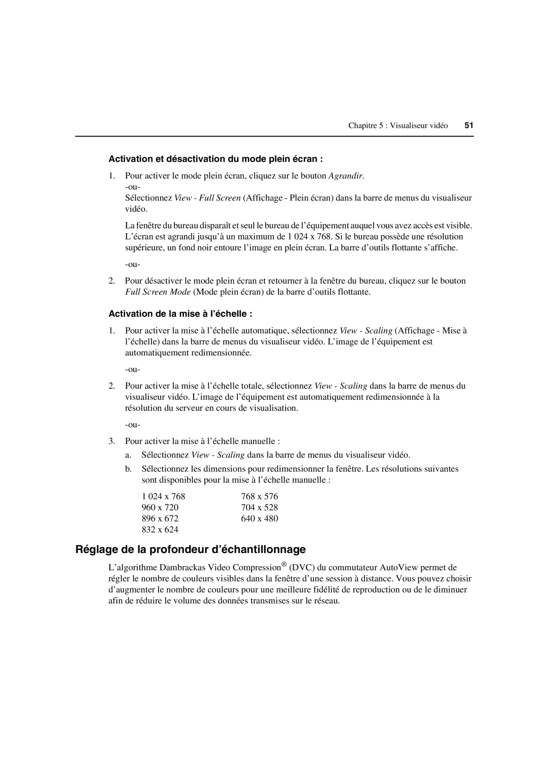 Avocent 3100/3200 manual Réglage de la profondeur d’échantillonnage, Activation et désactivation du mode plein écran 