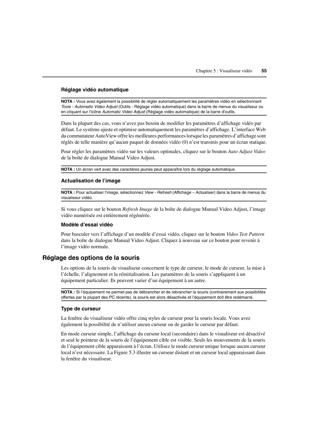 Avocent 3100/3200 Réglage des options de la souris, Réglage vidéo automatique, Actualisation de l’image, Type de curseur 