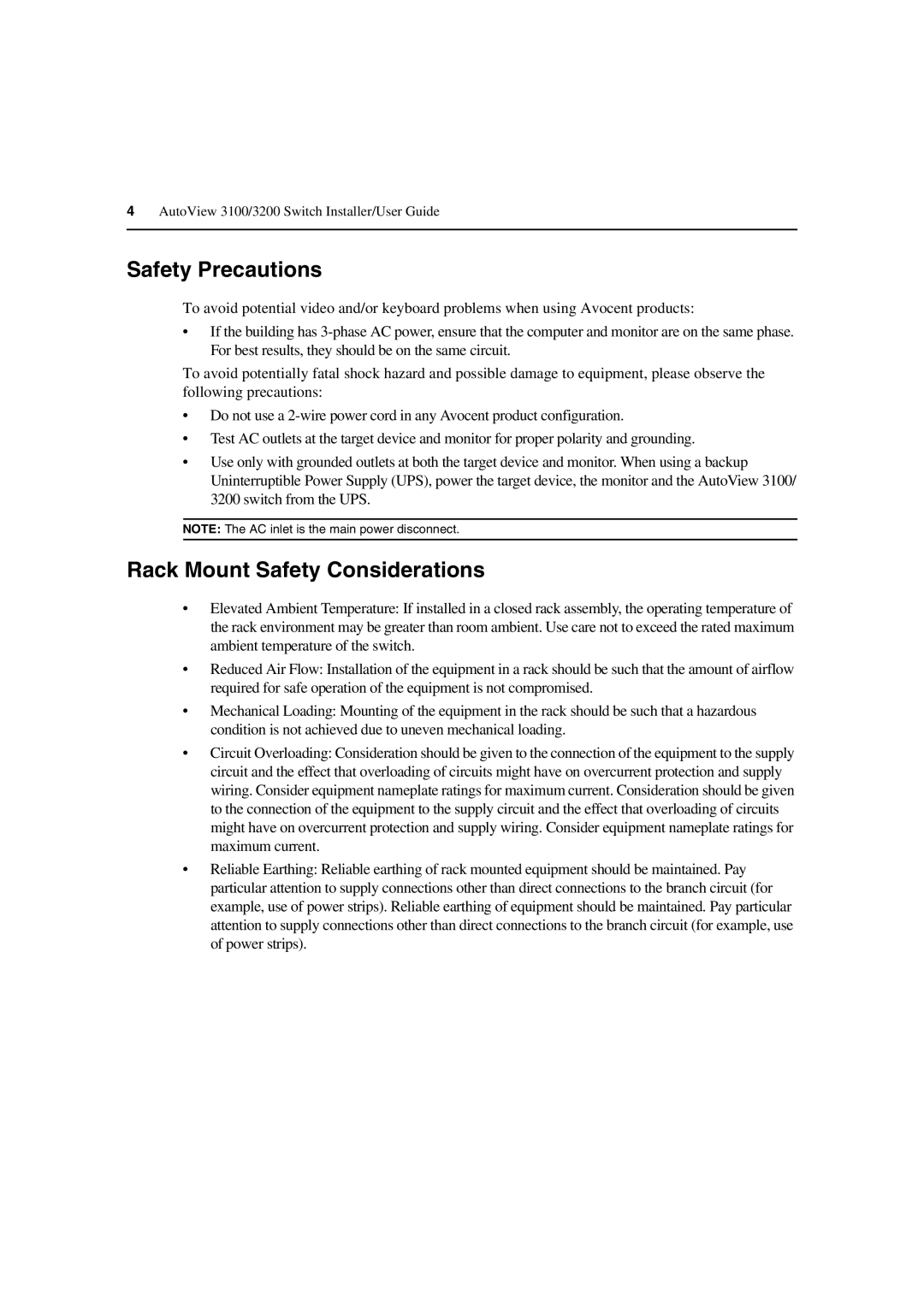 Avocent 3100/3200 manual Safety Precautions, Rack Mount Safety Considerations 