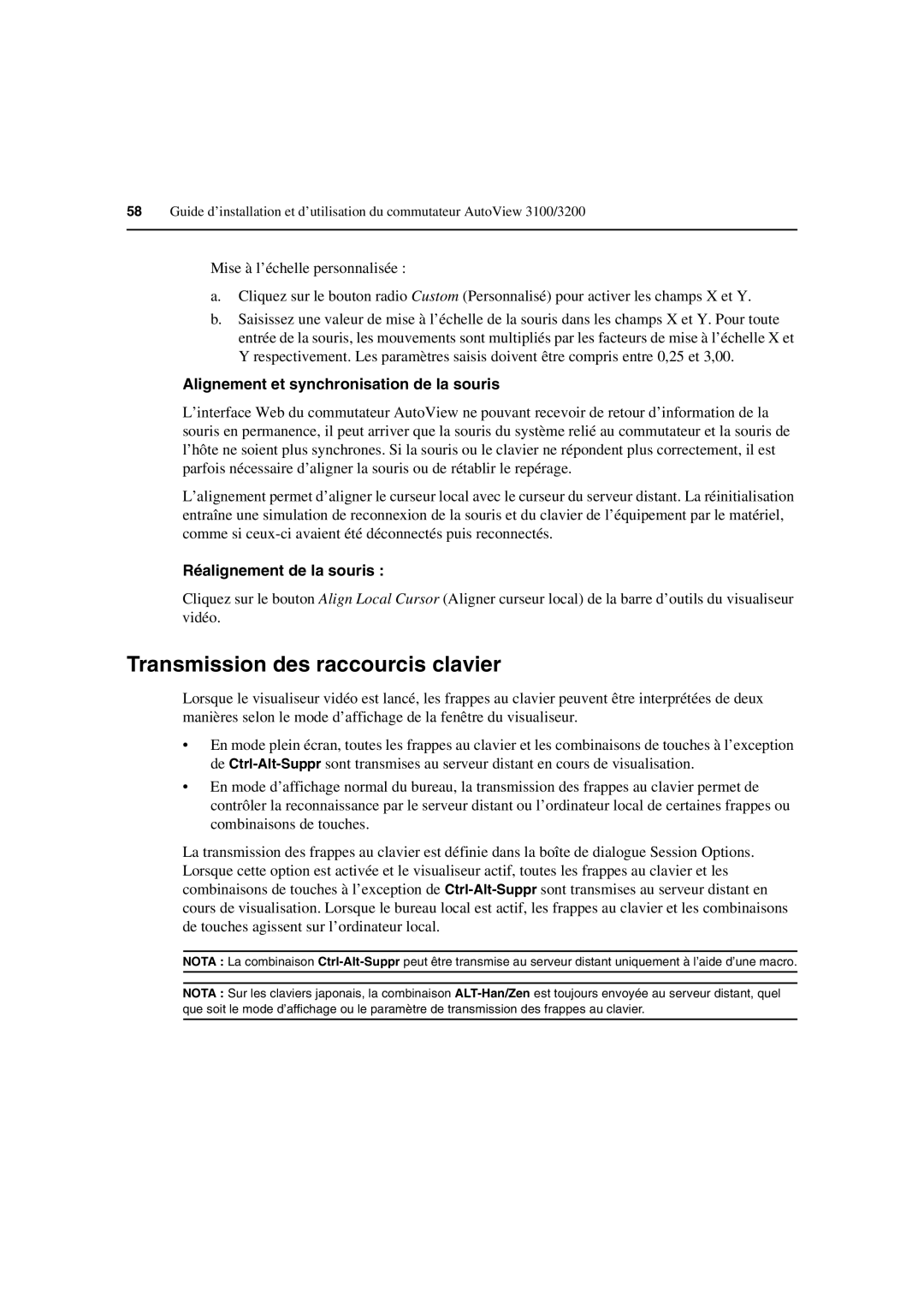 Avocent 3100/3200 manual Transmission des raccourcis clavier, Alignement et synchronisation de la souris 