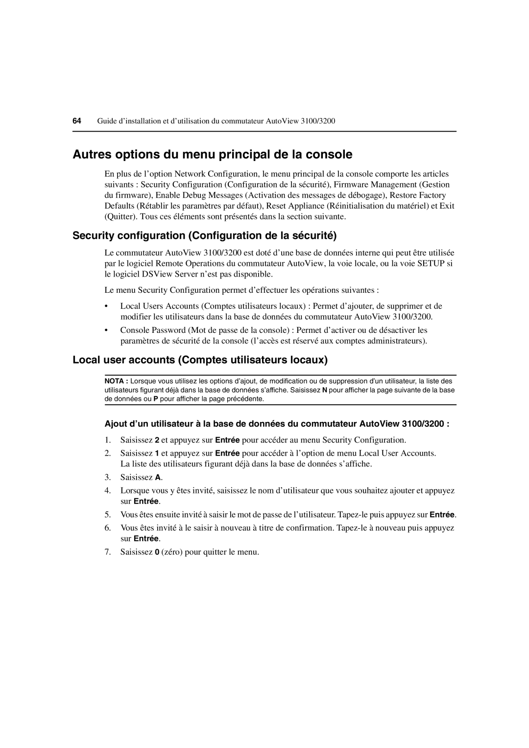 Avocent 3100/3200 Autres options du menu principal de la console, Security configuration Configuration de la sécurité 