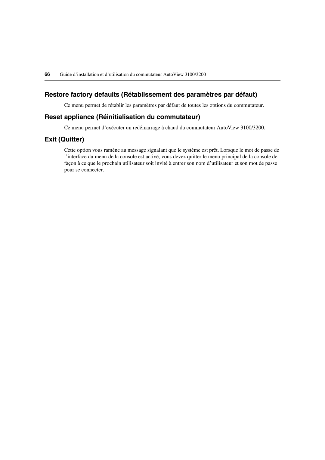 Avocent 3100/3200 manual Reset appliance Réinitialisation du commutateur, Exit Quitter 