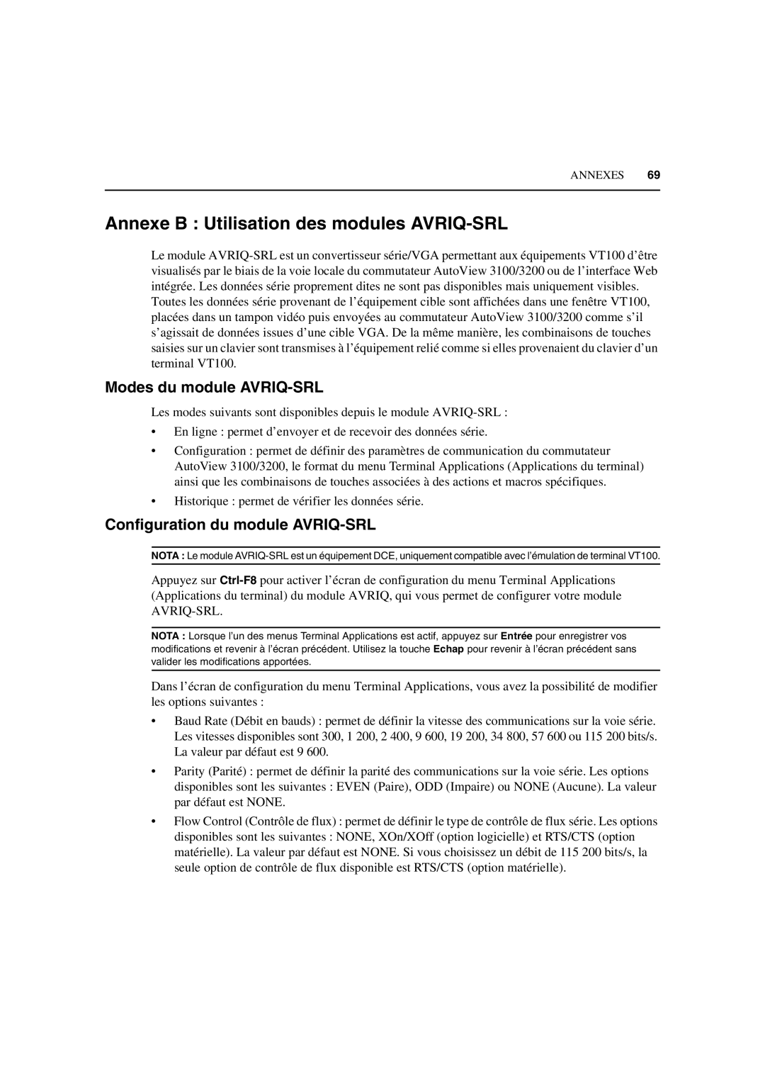 Avocent 3100/3200 Annexe B Utilisation des modules AVRIQ-SRL, Modes du module AVRIQ-SRL, Configuration du module AVRIQ-SRL 