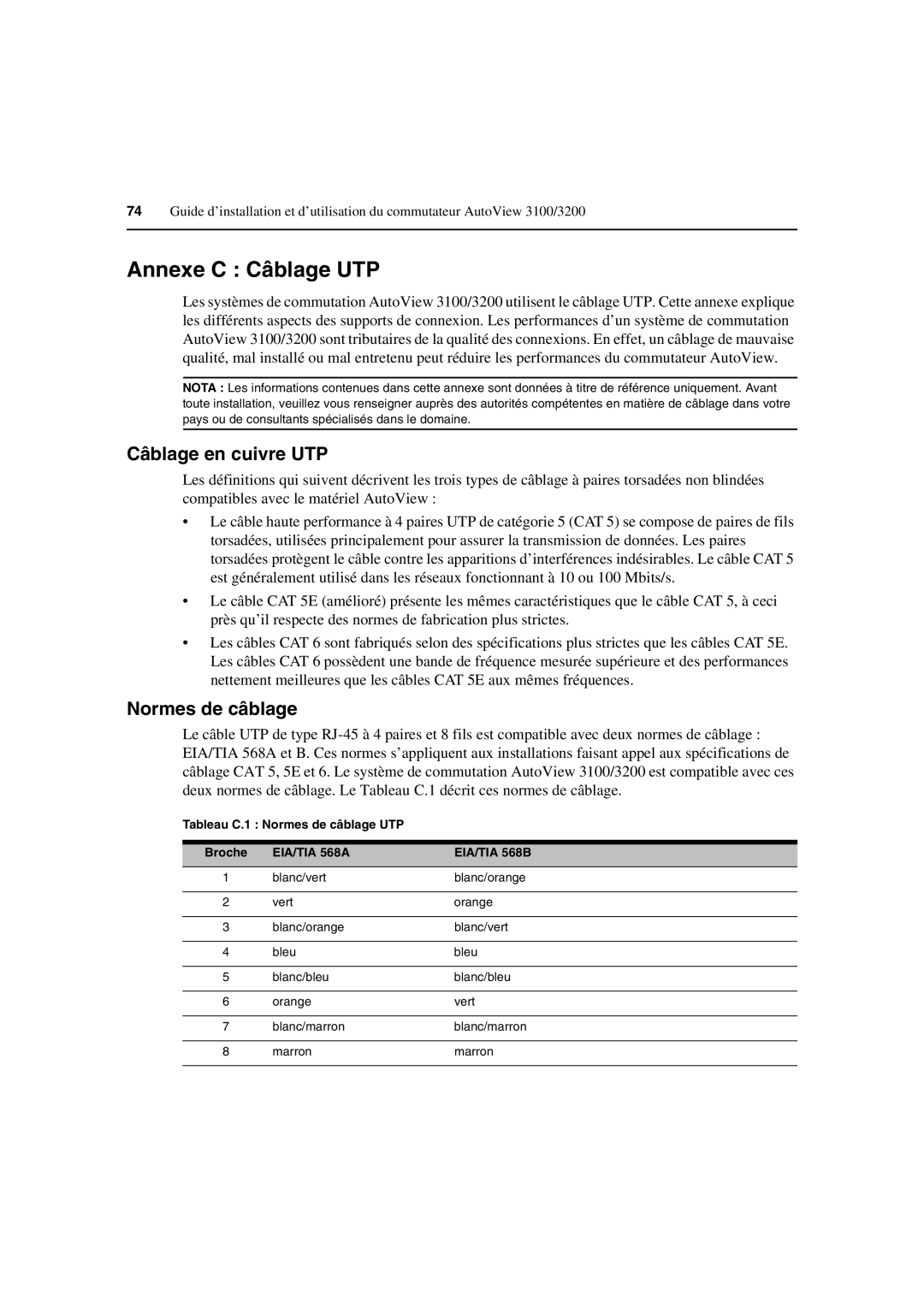 Avocent 3100/3200 manual Annexe C Câblage UTP, Câblage en cuivre UTP, Normes de câblage 