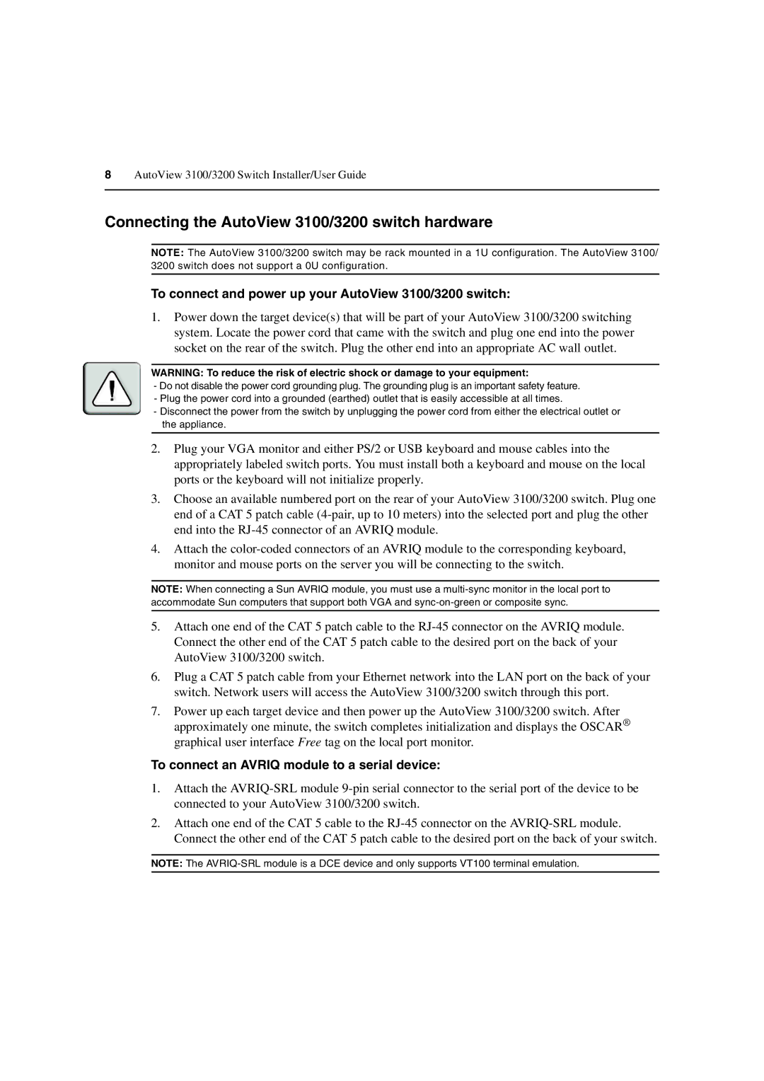 Avocent manual Connecting the AutoView 3100/3200 switch hardware, To connect and power up your AutoView 3100/3200 switch 