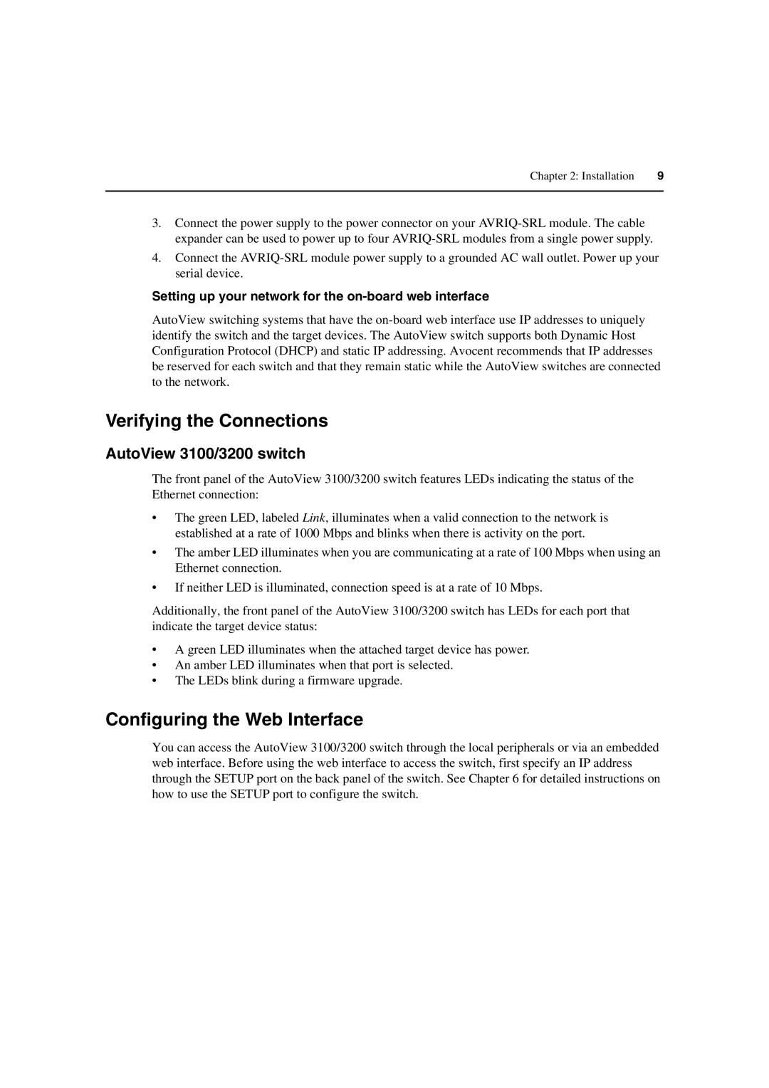 Avocent manual Verifying the Connections, Configuring the Web Interface, AutoView 3100/3200 switch 