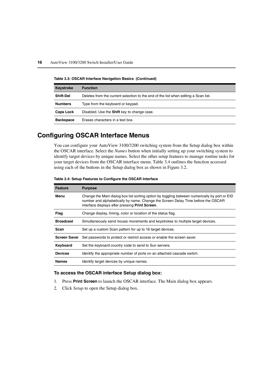 Avocent 3100/3200 manual Configuring Oscar Interface Menus, To access the Oscar interface Setup dialog box 