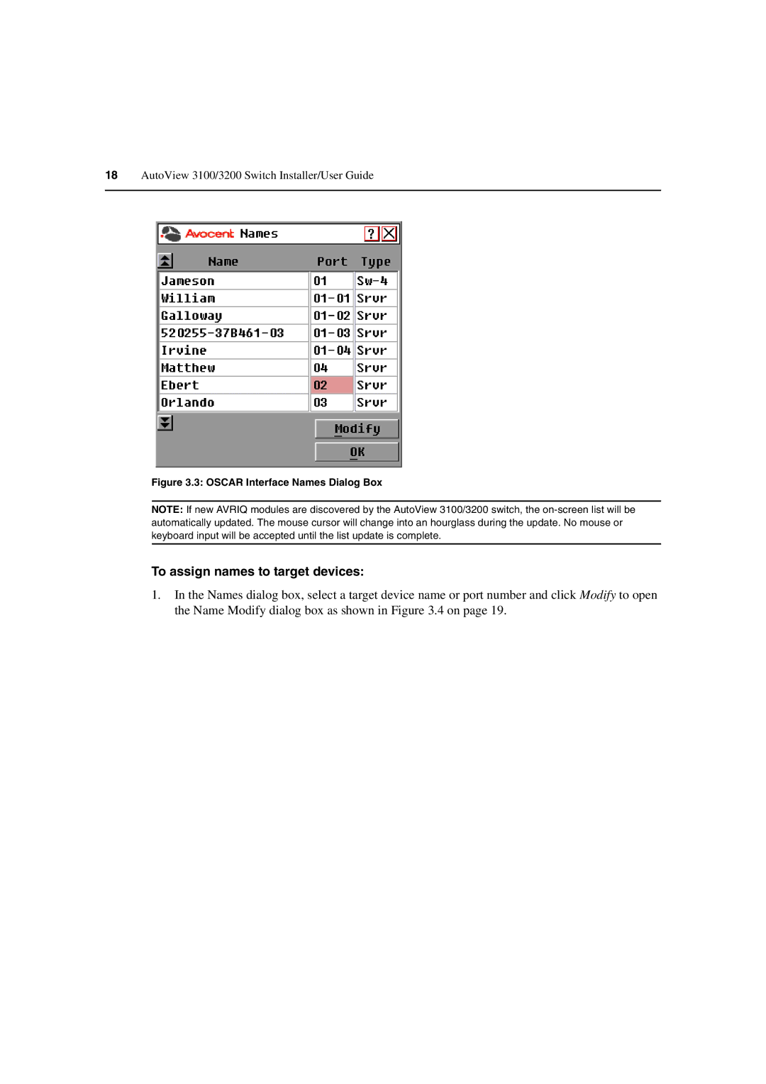 Avocent 3100/3200 manual To assign names to target devices, Oscar Interface Names Dialog Box 