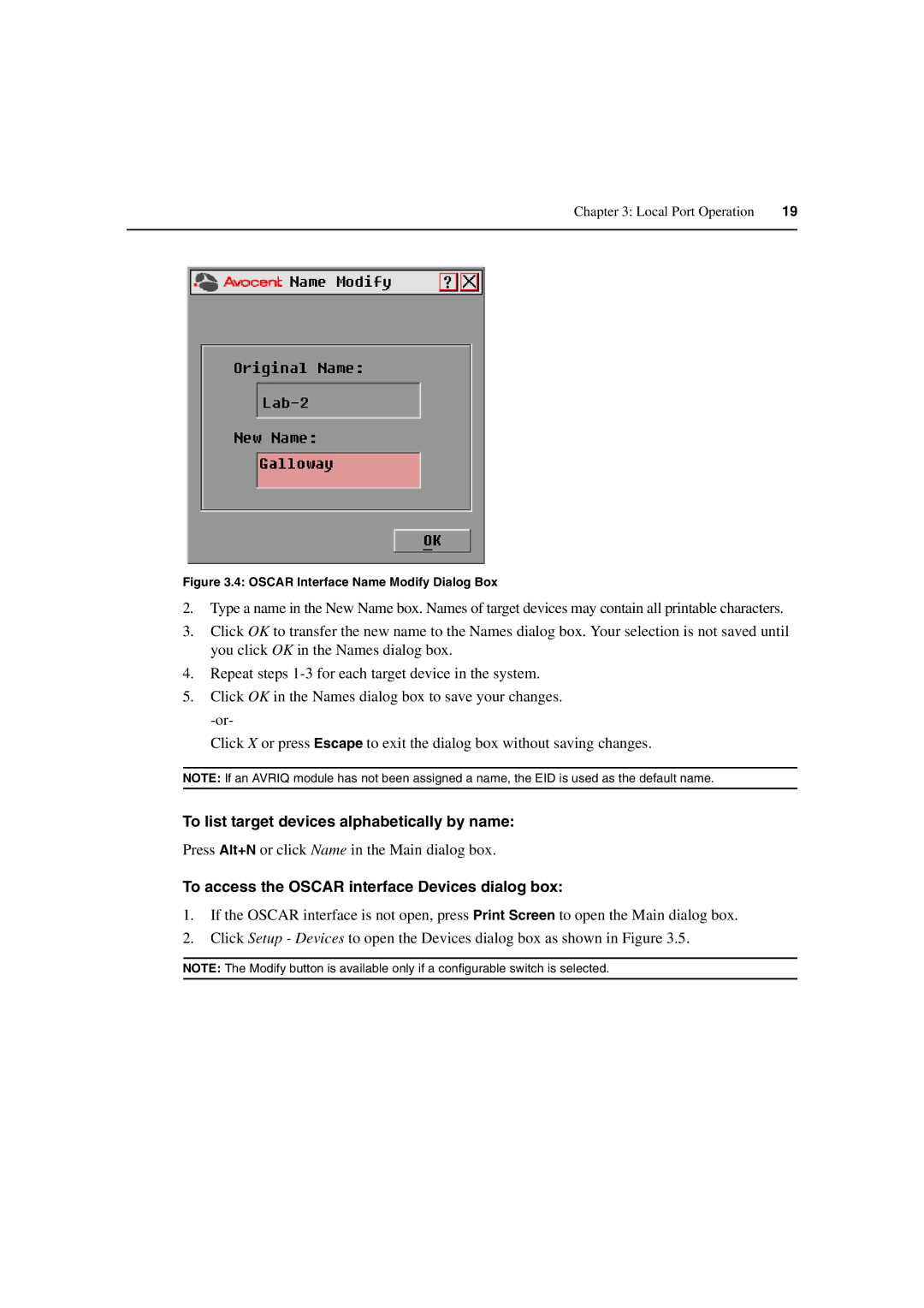 Avocent 3100/3200 manual To list target devices alphabetically by name, To access the Oscar interface Devices dialog box 