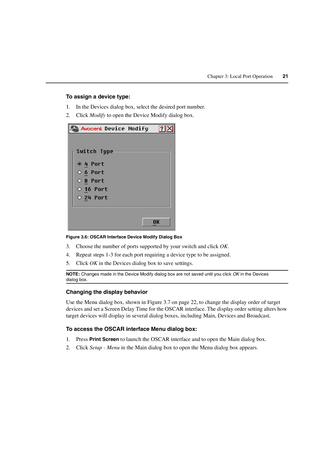 Avocent 3100/3200 To assign a device type, Changing the display behavior, To access the Oscar interface Menu dialog box 