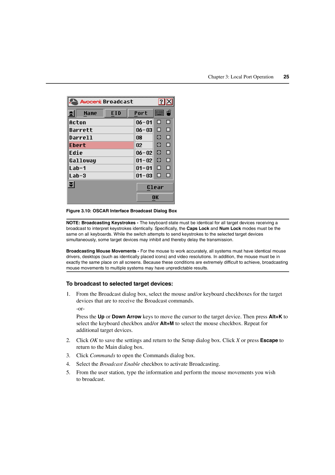 Avocent 3100/3200 manual To broadcast to selected target devices, Oscar Interface Broadcast Dialog Box 