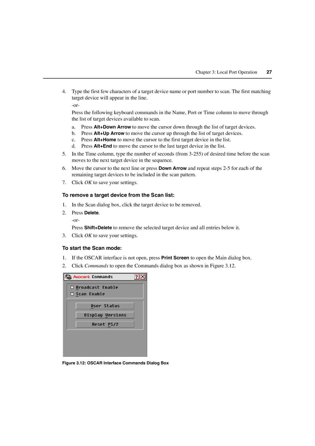 Avocent 3100/3200 manual To remove a target device from the Scan list, To start the Scan mode 