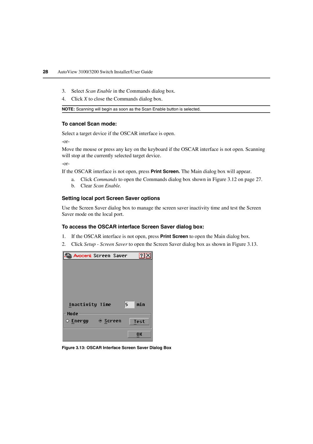 Avocent 3100/3200 manual To cancel Scan mode, Setting local port Screen Saver options 