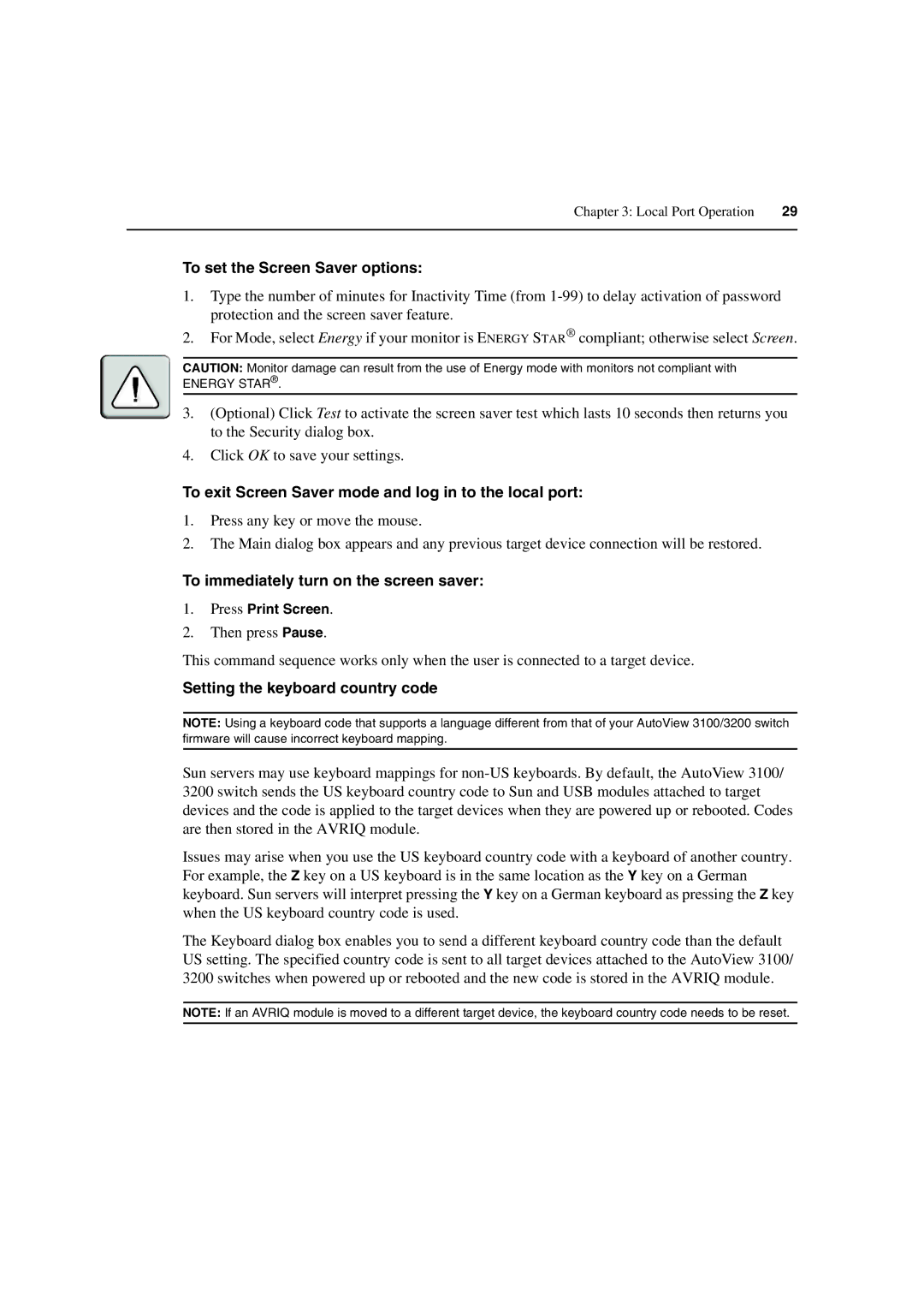 Avocent 3100/3200 manual To set the Screen Saver options, To exit Screen Saver mode and log in to the local port 