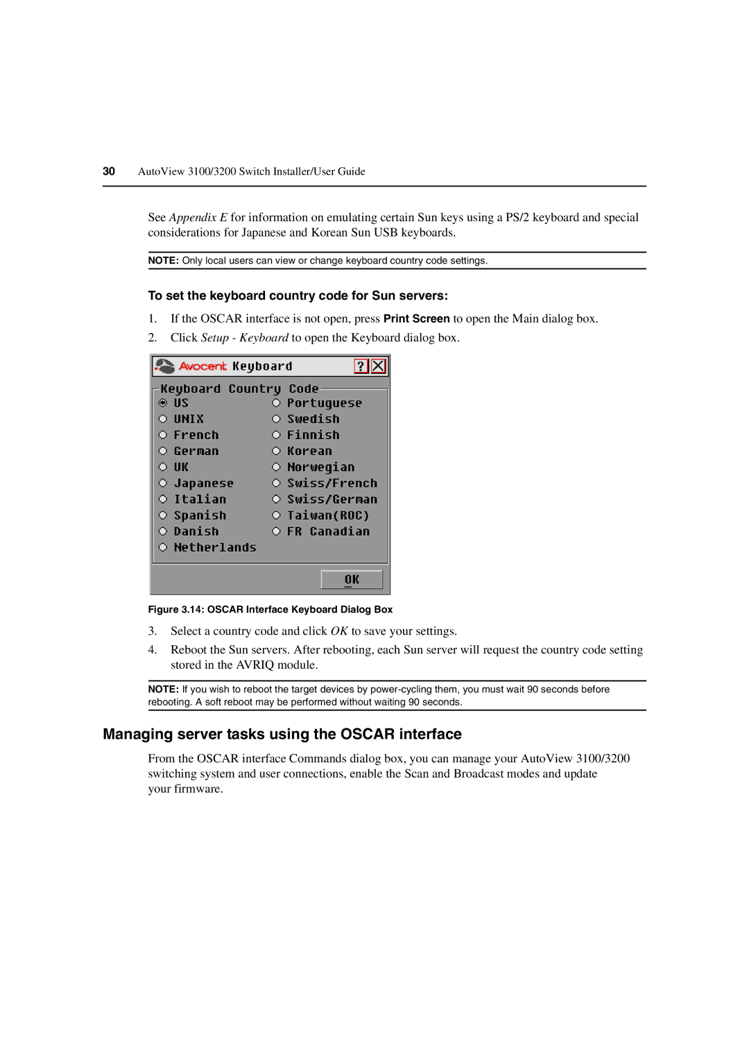 Avocent 3100/3200 manual Managing server tasks using the Oscar interface, To set the keyboard country code for Sun servers 