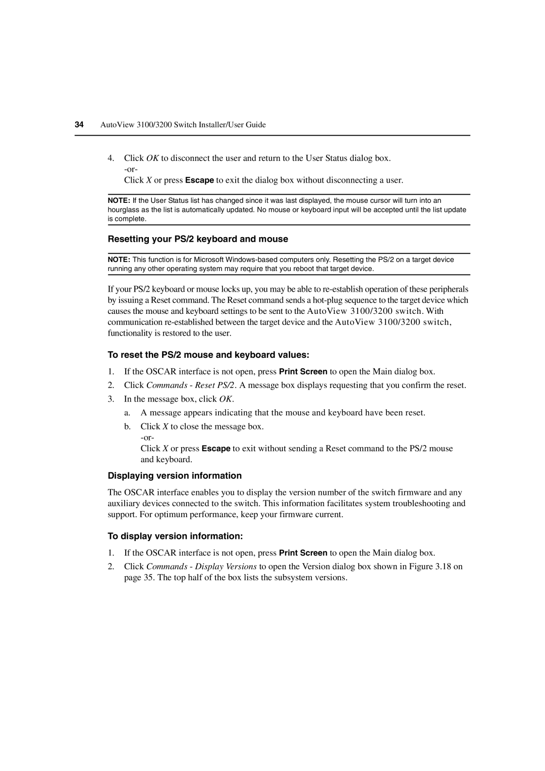 Avocent 3100/3200 manual Resetting your PS/2 keyboard and mouse, To reset the PS/2 mouse and keyboard values 