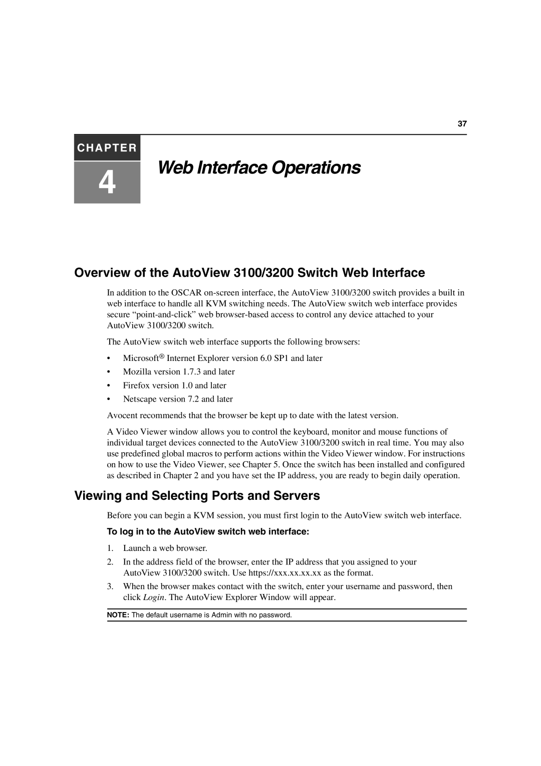 Avocent manual Overview of the AutoView 3100/3200 Switch Web Interface, Viewing and Selecting Ports and Servers 