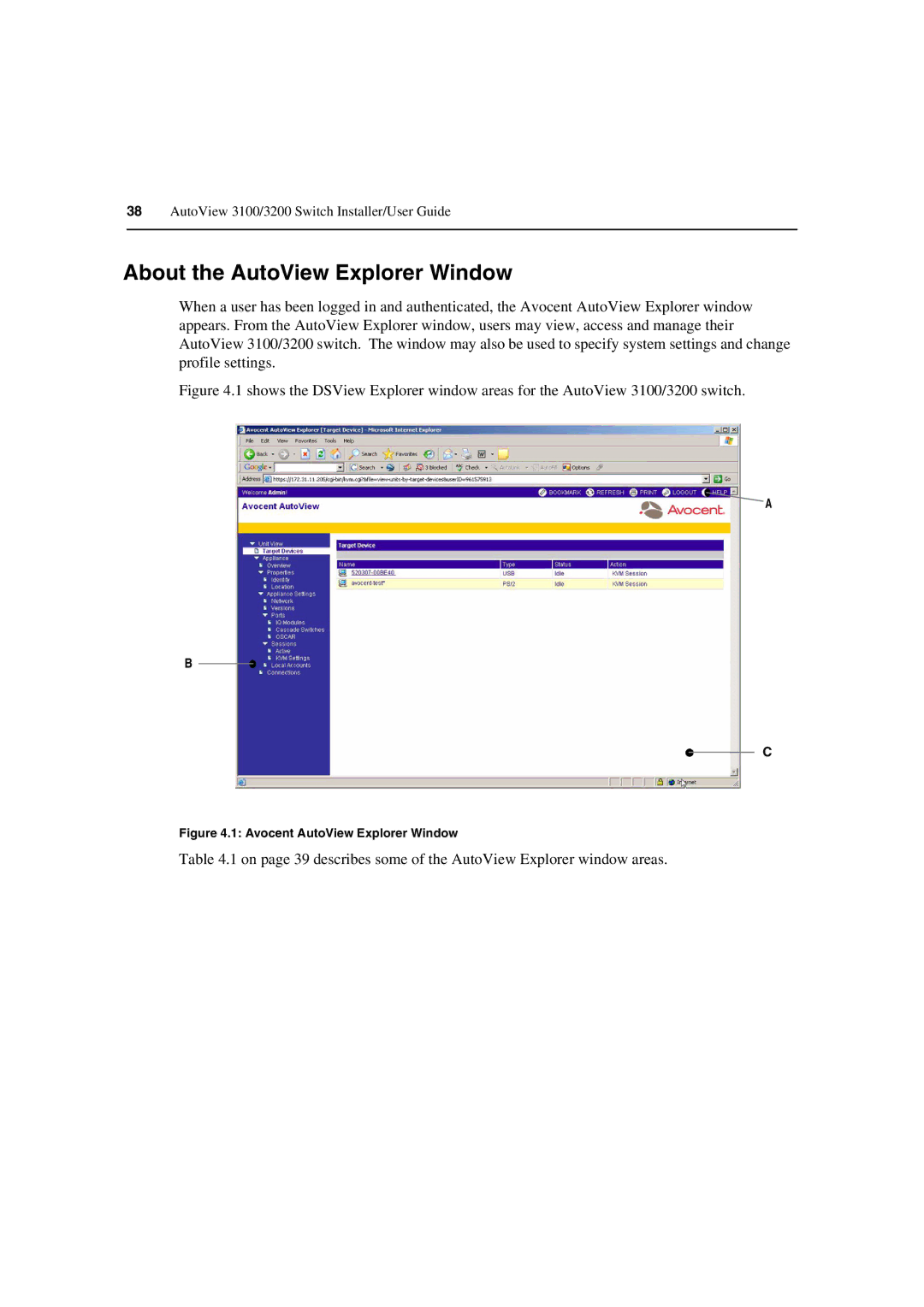 Avocent 3100/3200 manual About the AutoView Explorer Window, Avocent AutoView Explorer Window 