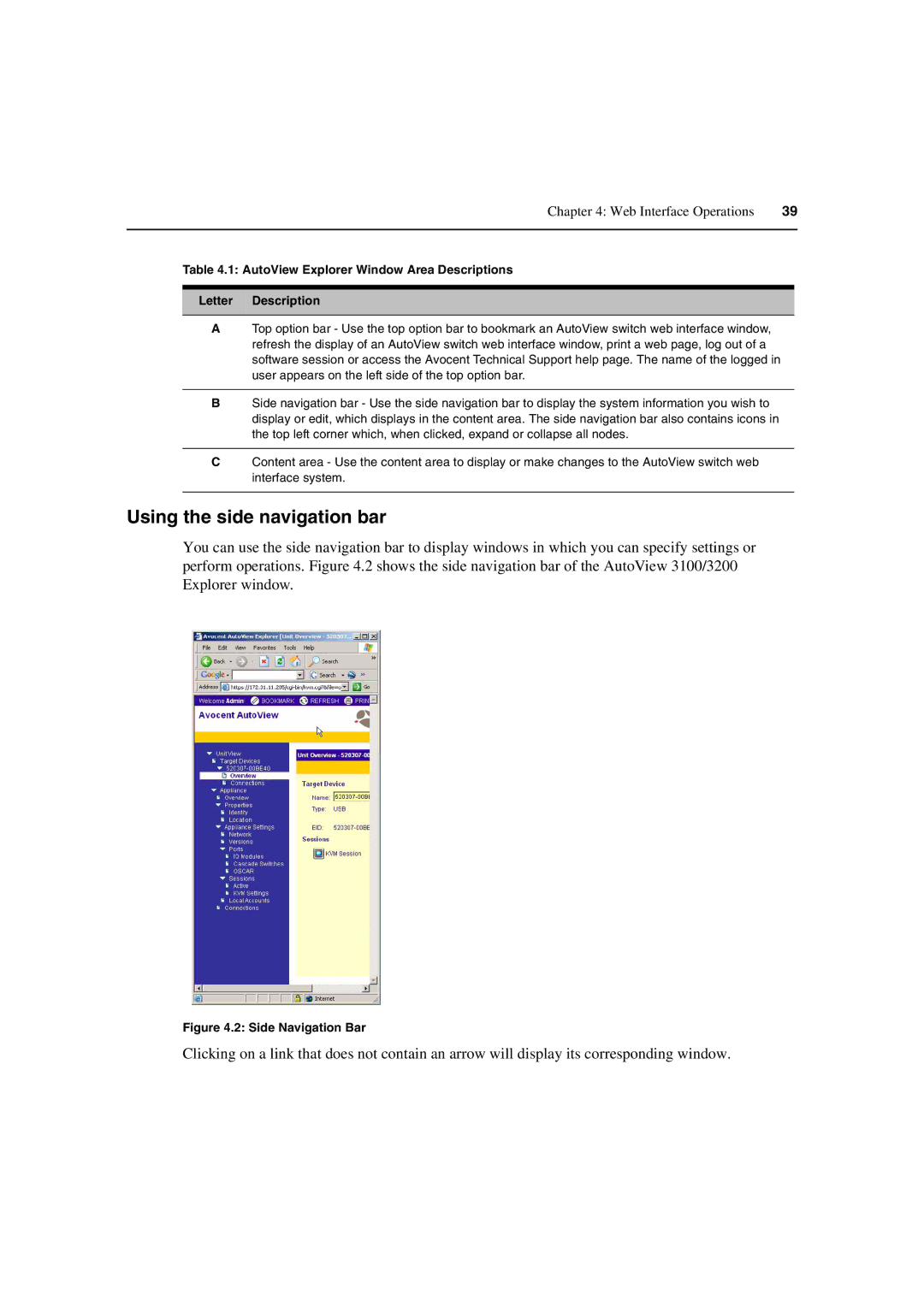 Avocent 3100/3200 manual Using the side navigation bar, Web Interface Operations 