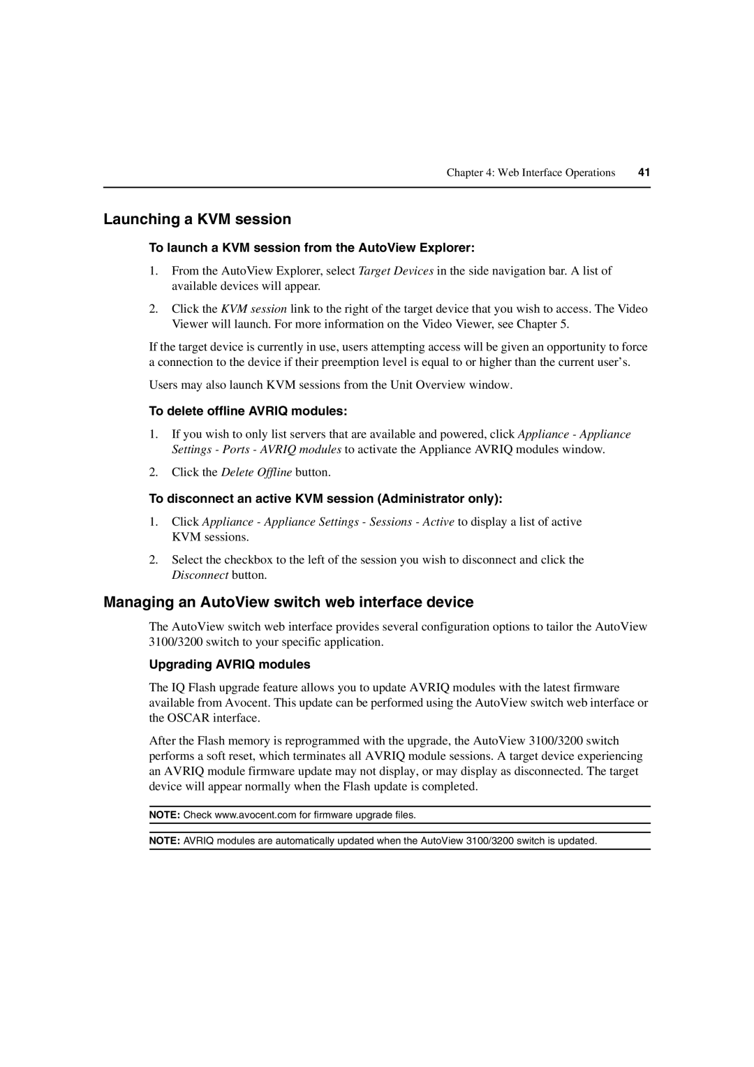 Avocent 3100/3200 manual Launching a KVM session, Managing an AutoView switch web interface device 