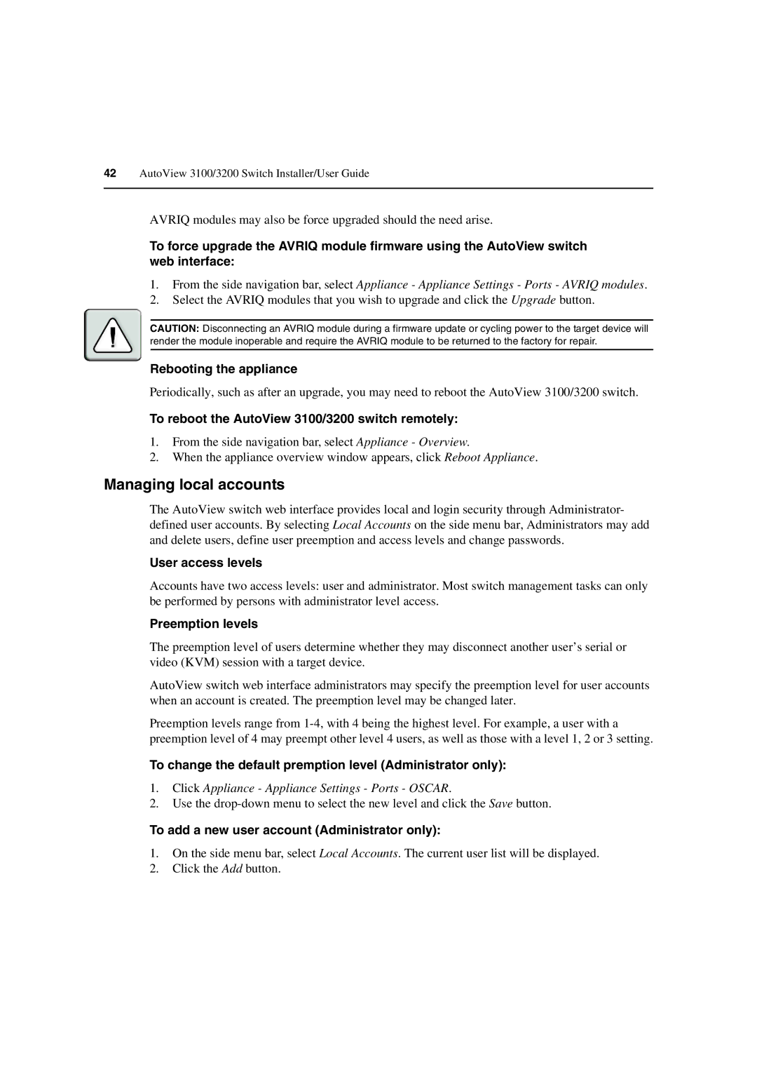 Avocent 3100/3200 manual Managing local accounts 