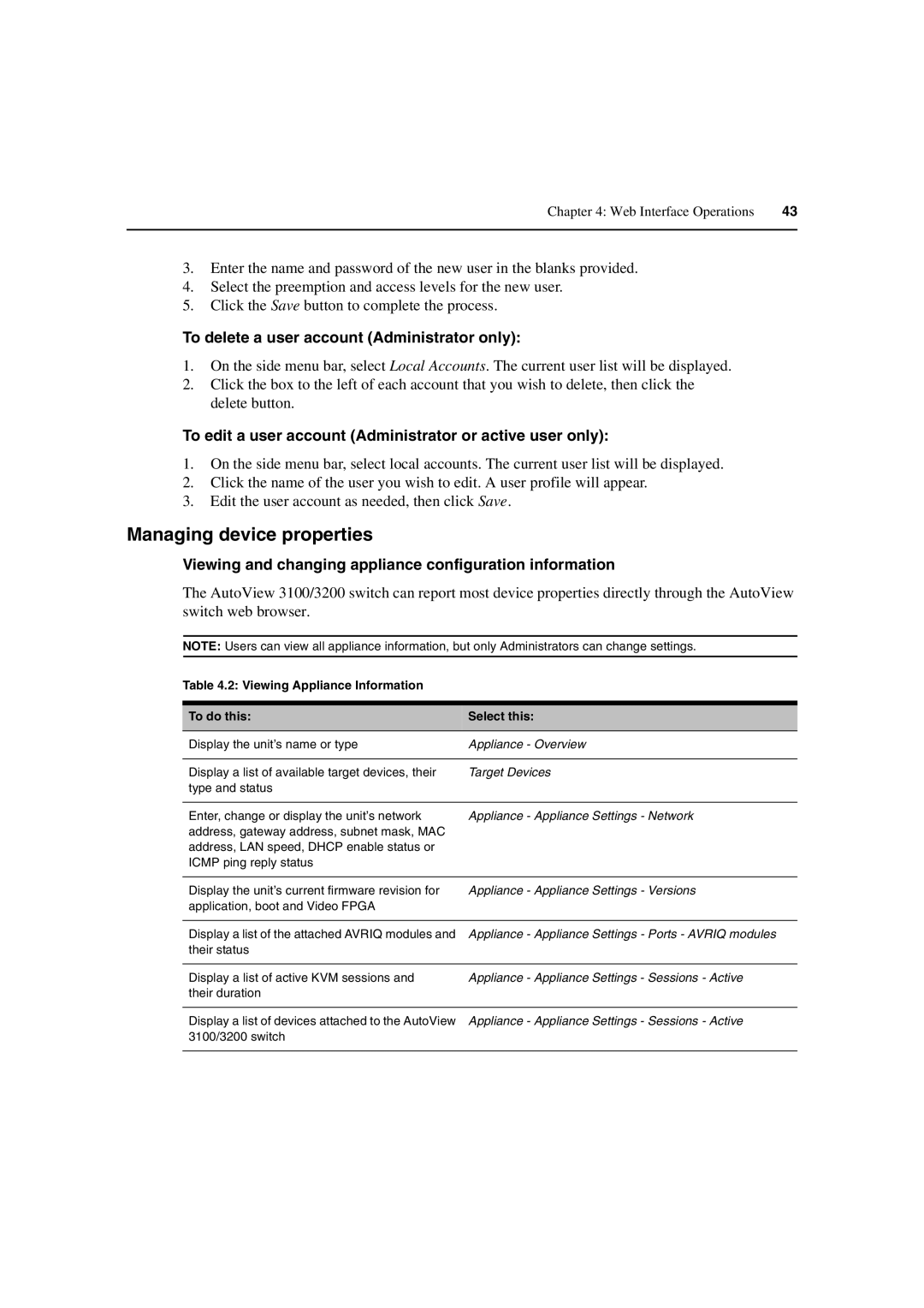 Avocent 3100/3200 manual Managing device properties, To delete a user account Administrator only 