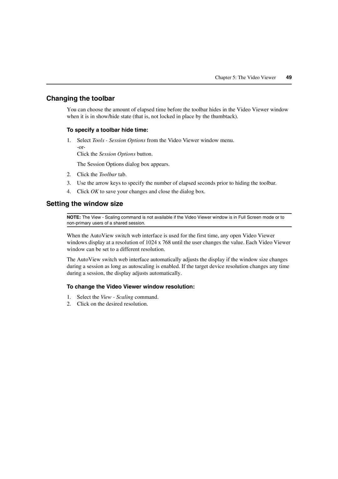 Avocent 3100/3200 manual Changing the toolbar, Setting the window size, To specify a toolbar hide time 