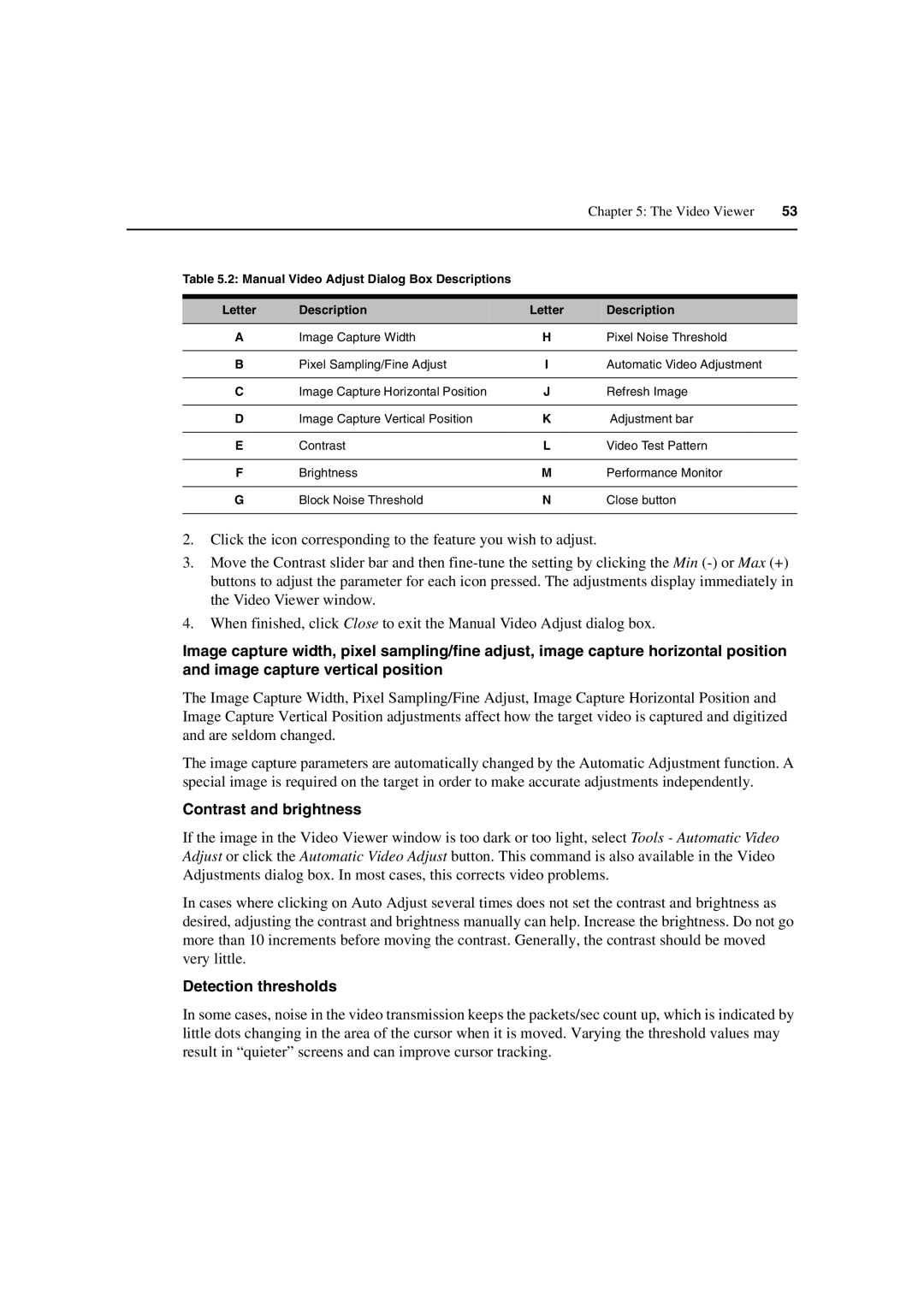 Avocent 3100/3200 manual Contrast and brightness, Detection thresholds 