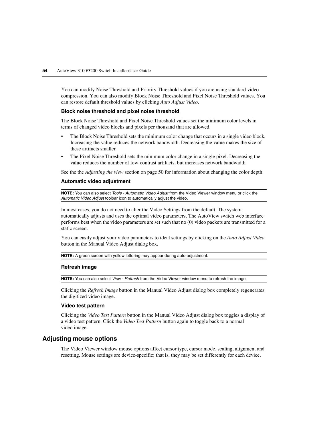 Avocent 3100/3200 Adjusting mouse options, Block noise threshold and pixel noise threshold, Automatic video adjustment 