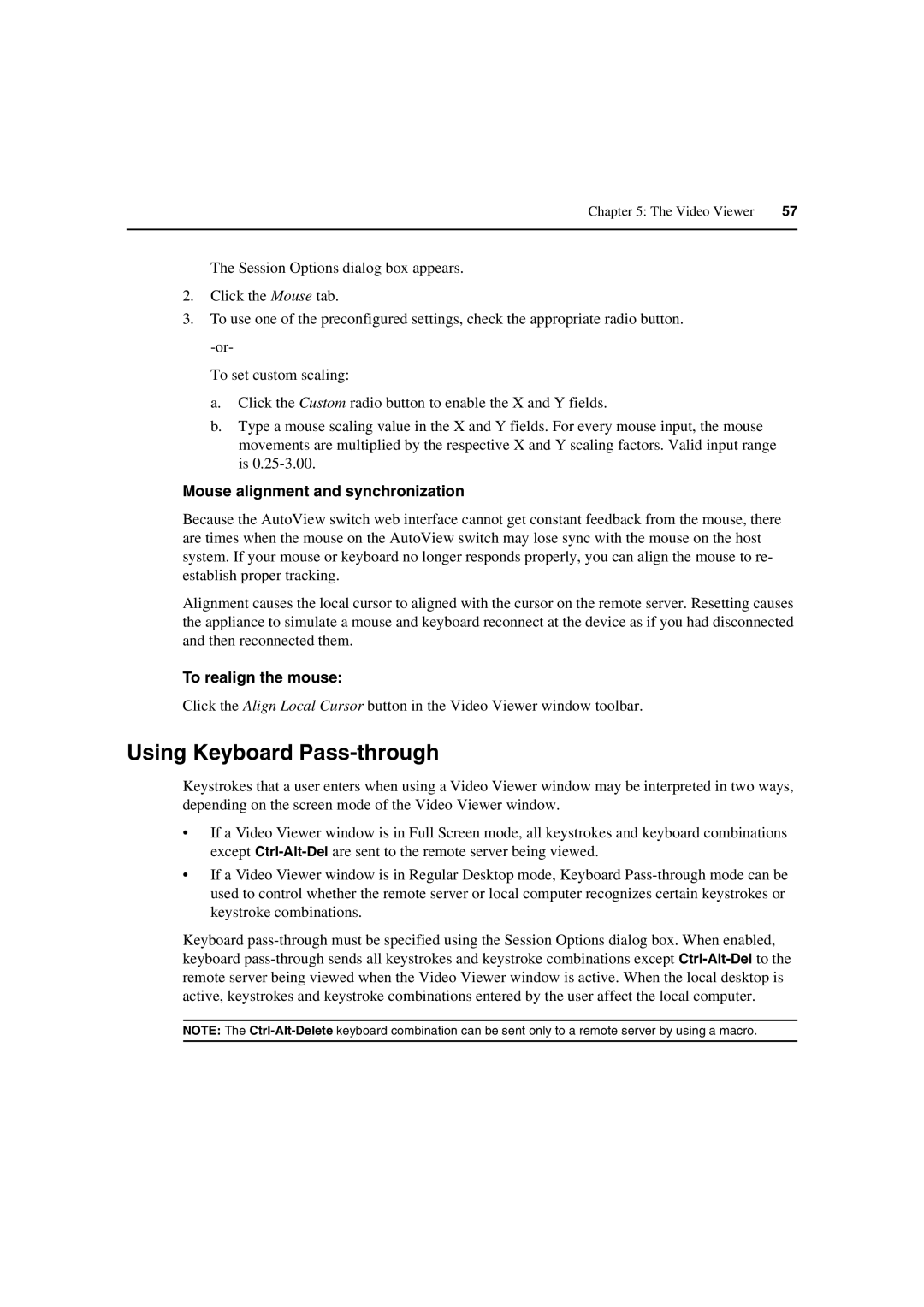 Avocent 3100/3200 manual Using Keyboard Pass-through, Mouse alignment and synchronization, To realign the mouse 