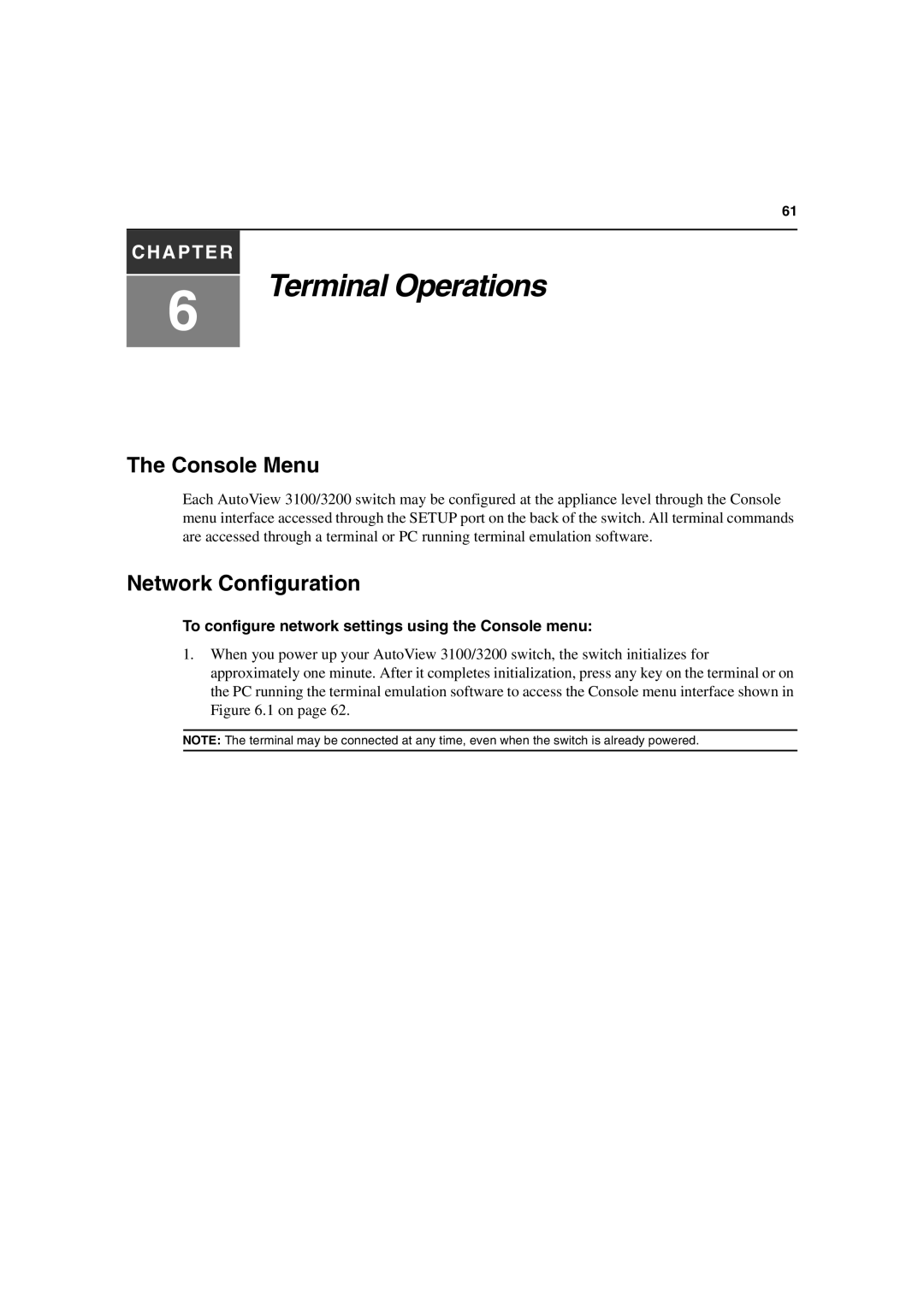 Avocent 3100/3200 manual Console Menu, Network Configuration, To configure network settings using the Console menu 