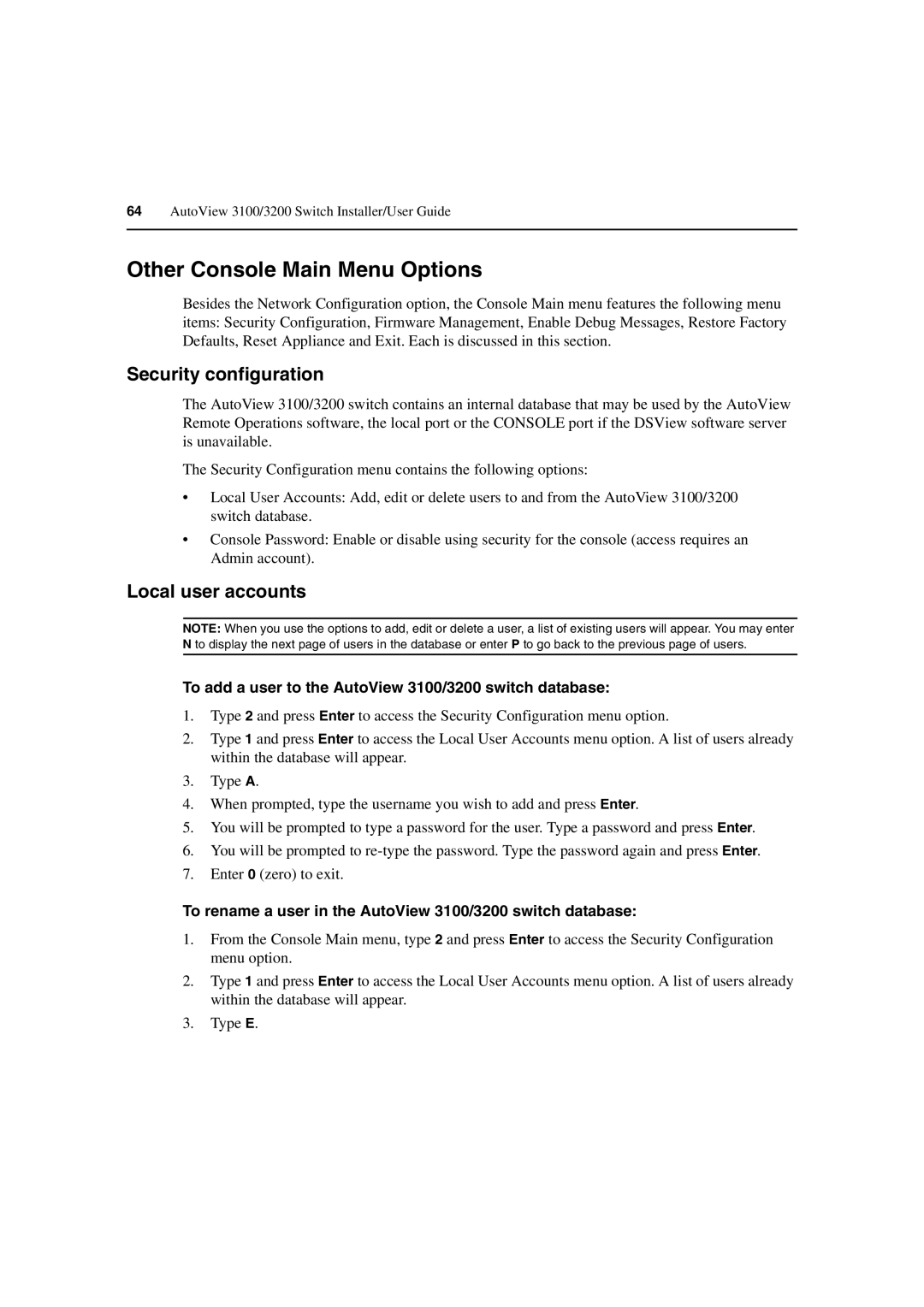 Avocent 3100/3200 manual Other Console Main Menu Options, Security configuration, Local user accounts 