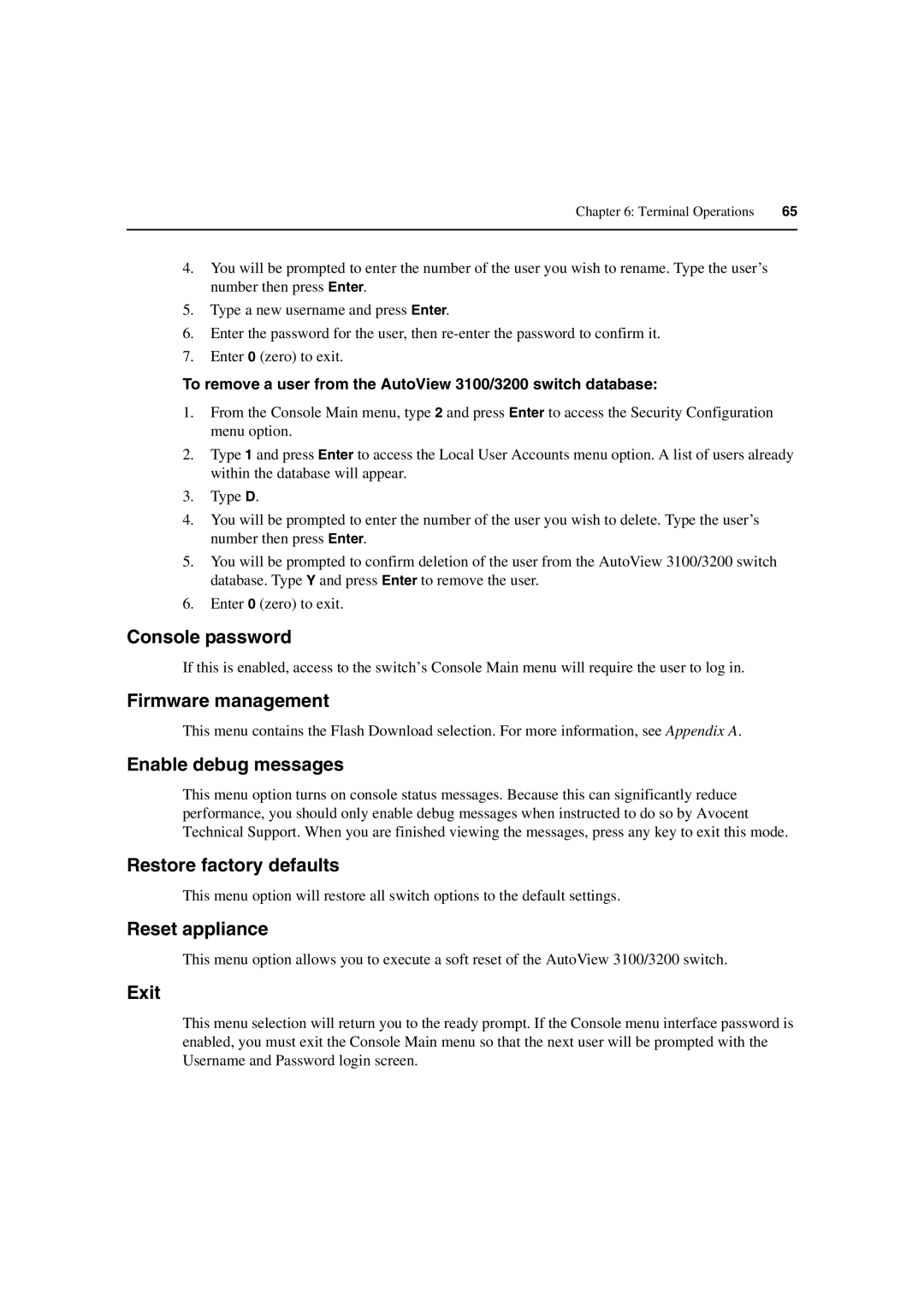 Avocent 3100/3200 Console password, Firmware management, Enable debug messages, Restore factory defaults, Reset appliance 