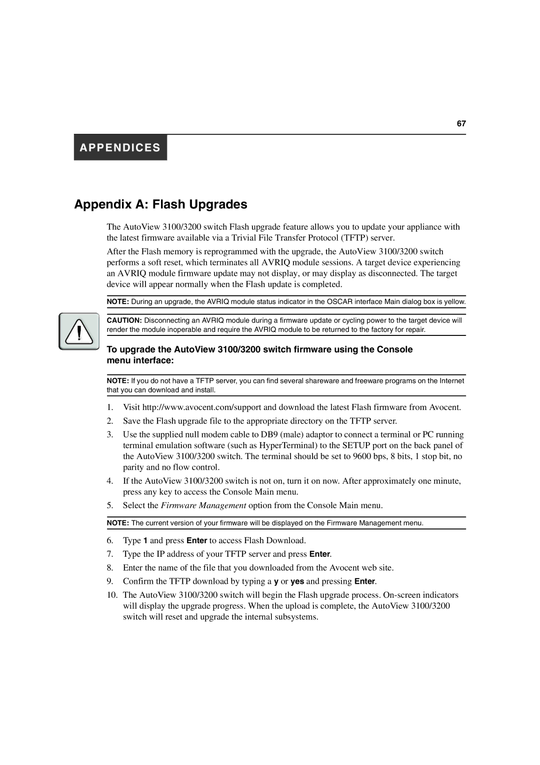 Avocent 3100/3200 manual Appendix a Flash Upgrades 