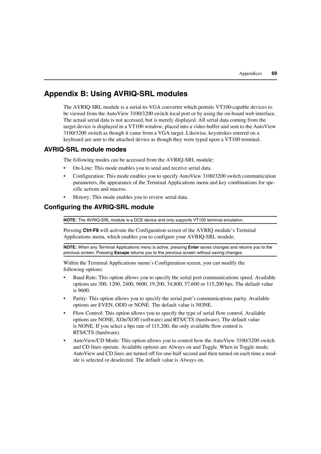 Avocent 3100/3200 manual Appendix B Using AVRIQ-SRL modules, AVRIQ-SRL module modes, Configuring the AVRIQ-SRL module 