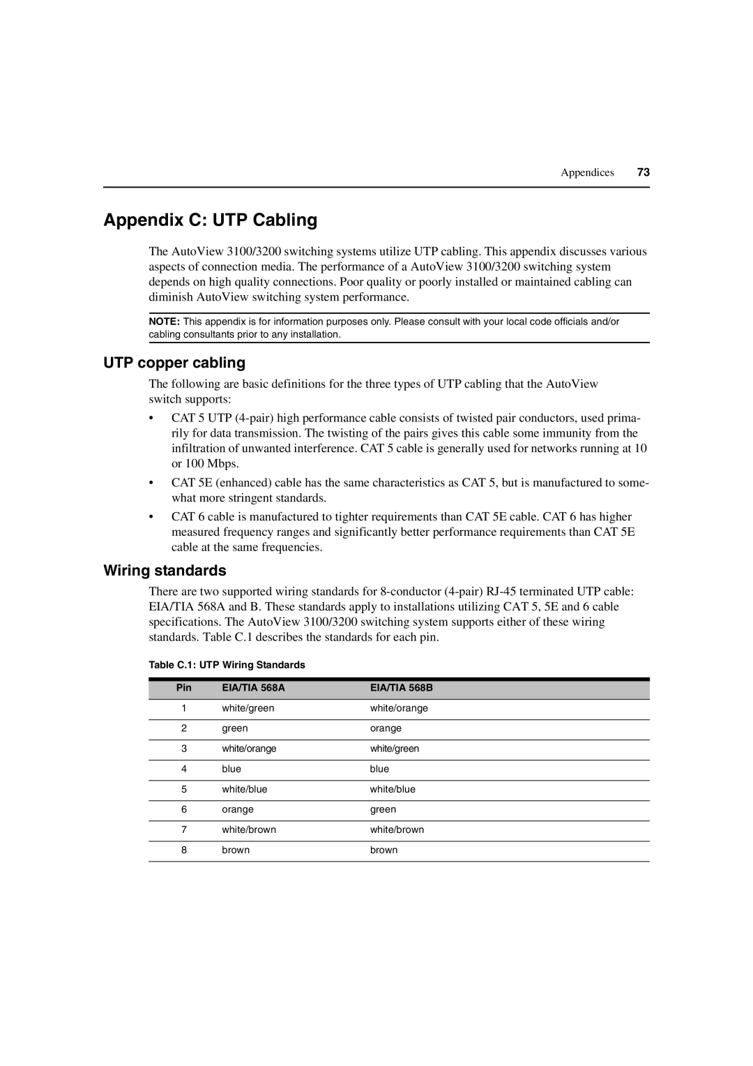 Avocent 3100/3200 manual Appendix C UTP Cabling, UTP copper cabling, Wiring standards 