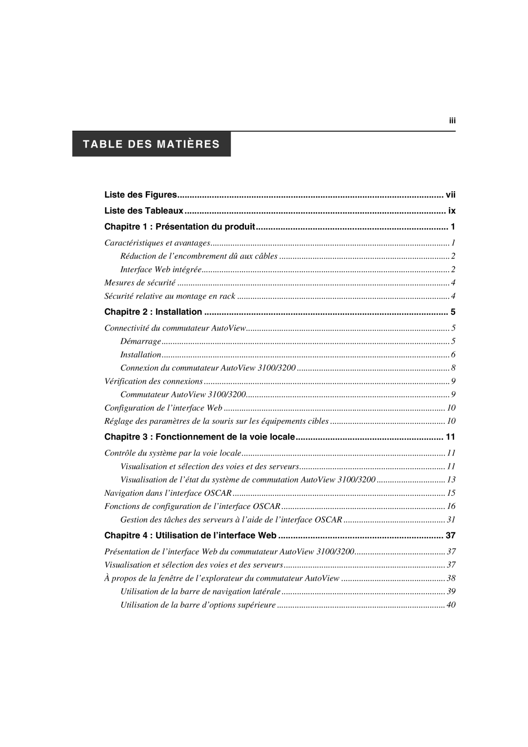 Avocent 3100/3200 manual Table DES Matières 