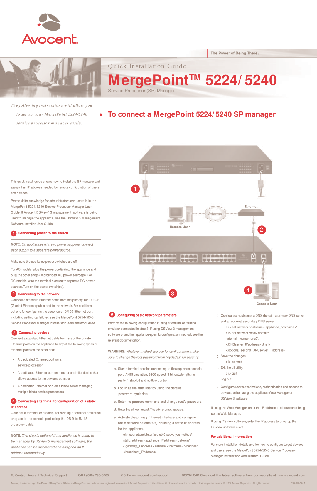 Avocent manual MergePointTM 5224/5240, To connect a MergePoint 5224/5240 SP manager, Quick Installation Guide, Call 