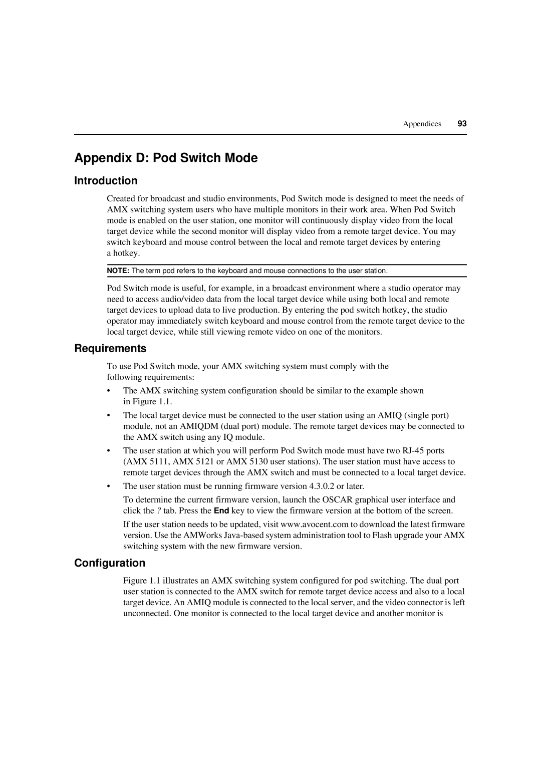 Avocent 590-222-501M manual Appendix D Pod Switch Mode, Introduction, Requirements, Configuration 