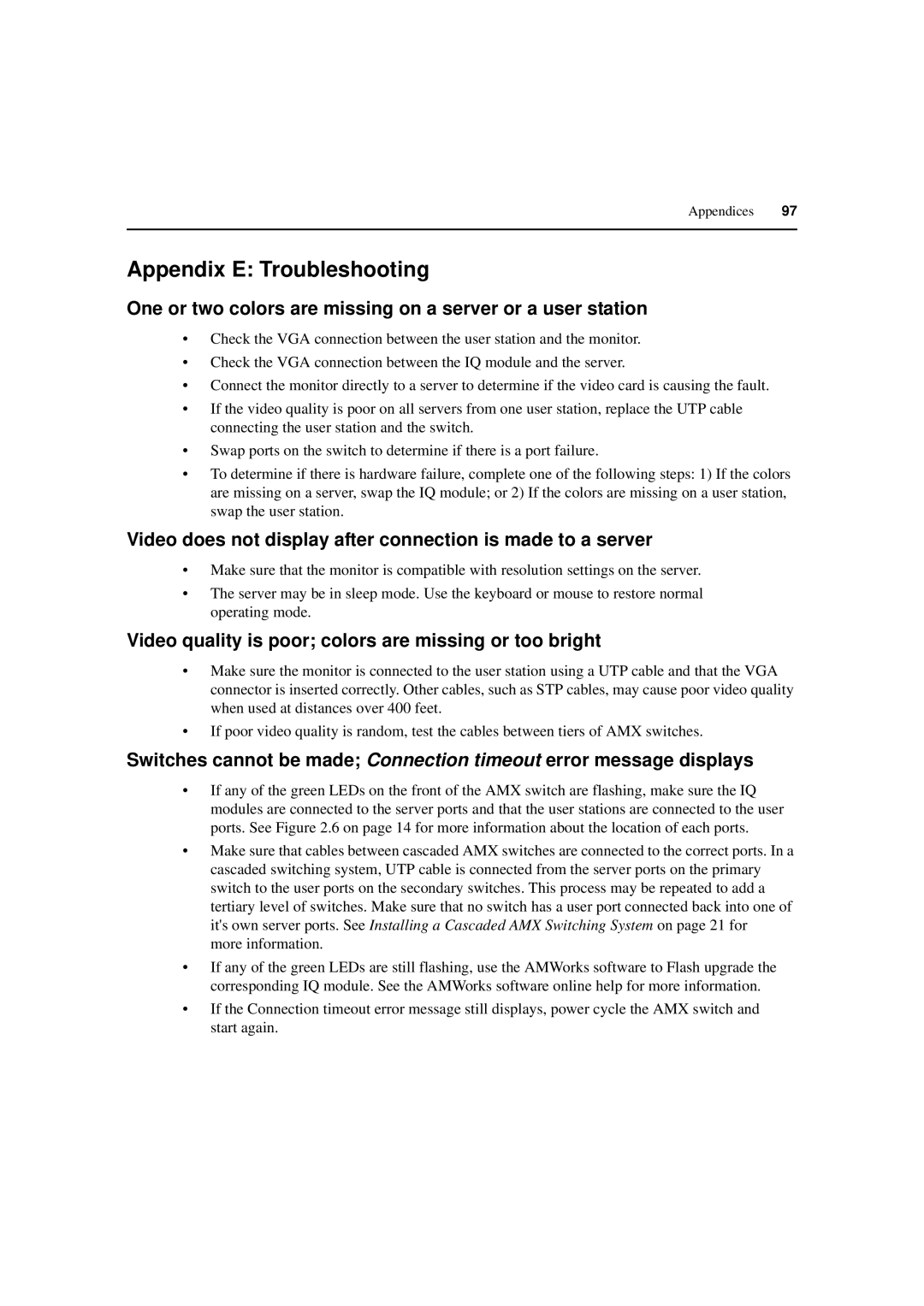 Avocent 590-222-501M manual Appendix E Troubleshooting, One or two colors are missing on a server or a user station 