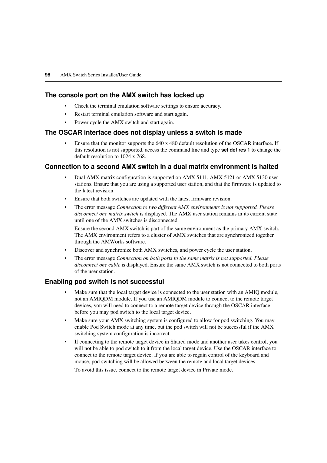Avocent 590-222-501M manual Console port on the AMX switch has locked up, Enabling pod switch is not successful 