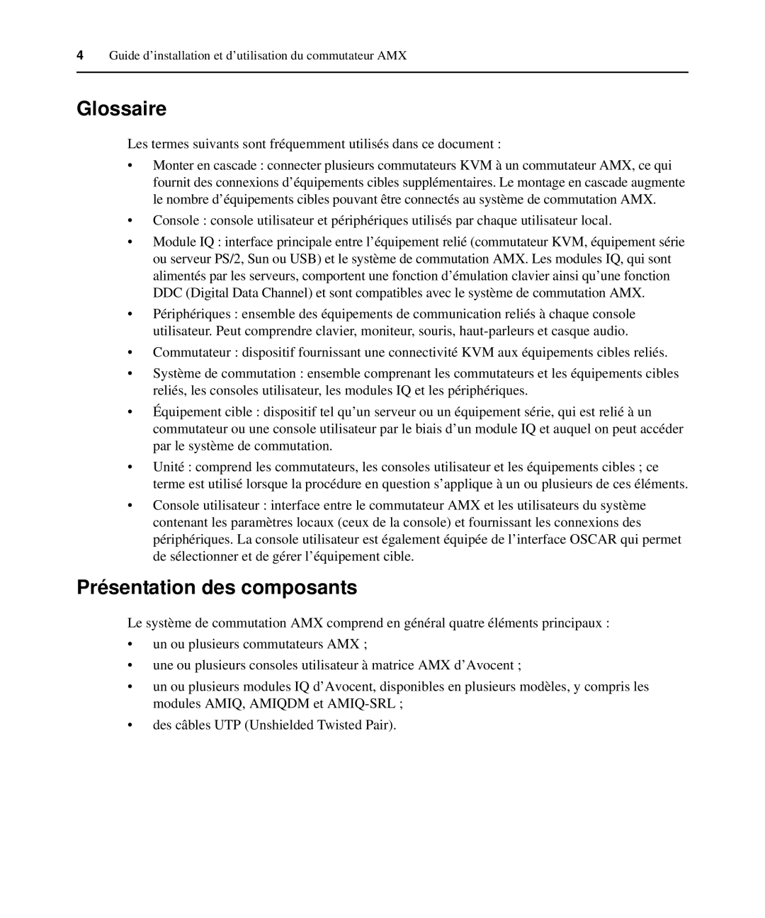 Avocent 590-222-501M manual Glossaire, Présentation des composants 