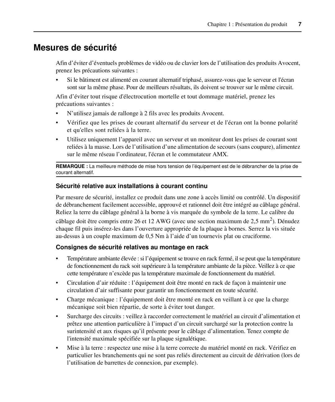 Avocent 590-222-501M manual Mesures de sécurité, Sécurité relative aux installations à courant continu 