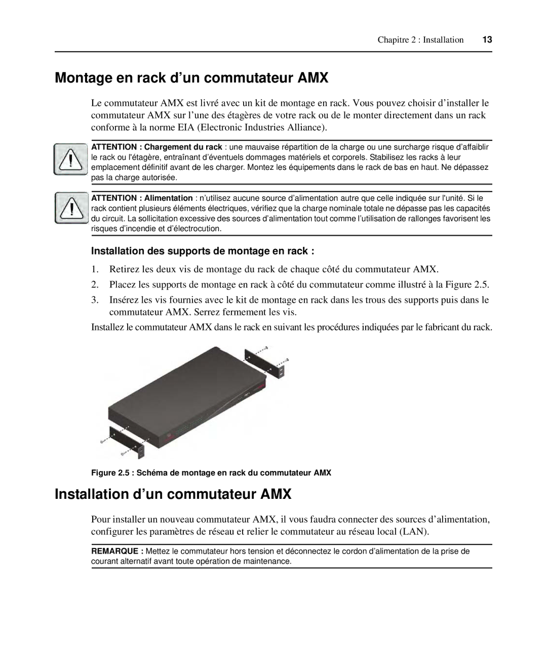 Avocent 590-222-501M manual Montage en rack d’un commutateur AMX, Installation d’un commutateur AMX 